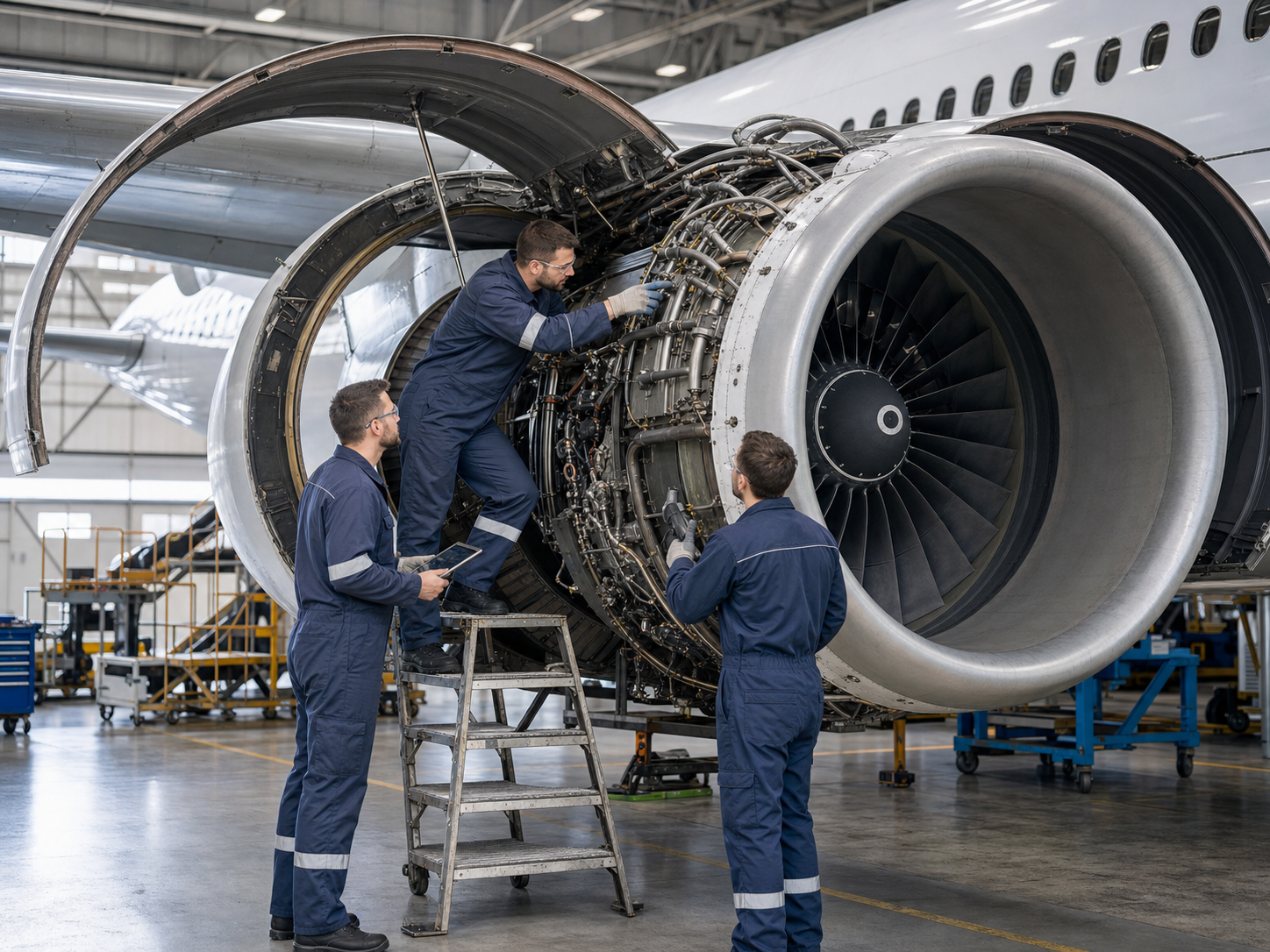 Engenheiro aeronautico e ajudantes trabalhando em motor de A330 aberto dentro de hangar de manutencao.
