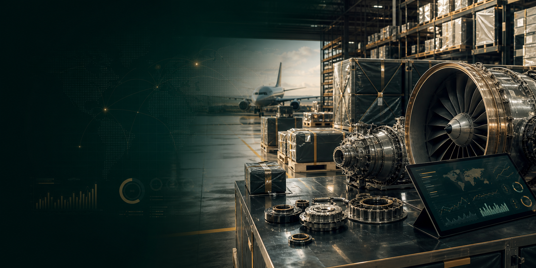 Operacao de suprimentos aeronauticos com componentes, embalagens e paineis de dados.