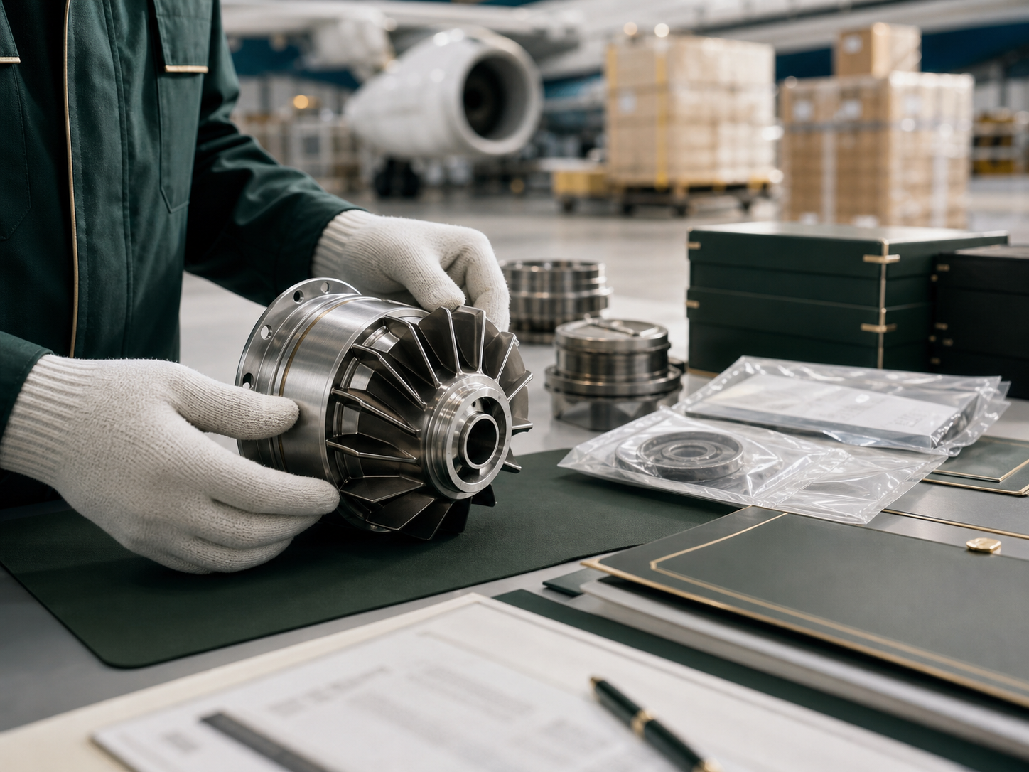 Equipe tecnica avaliando componentes aeronauticos com documentos de rastreabilidade.